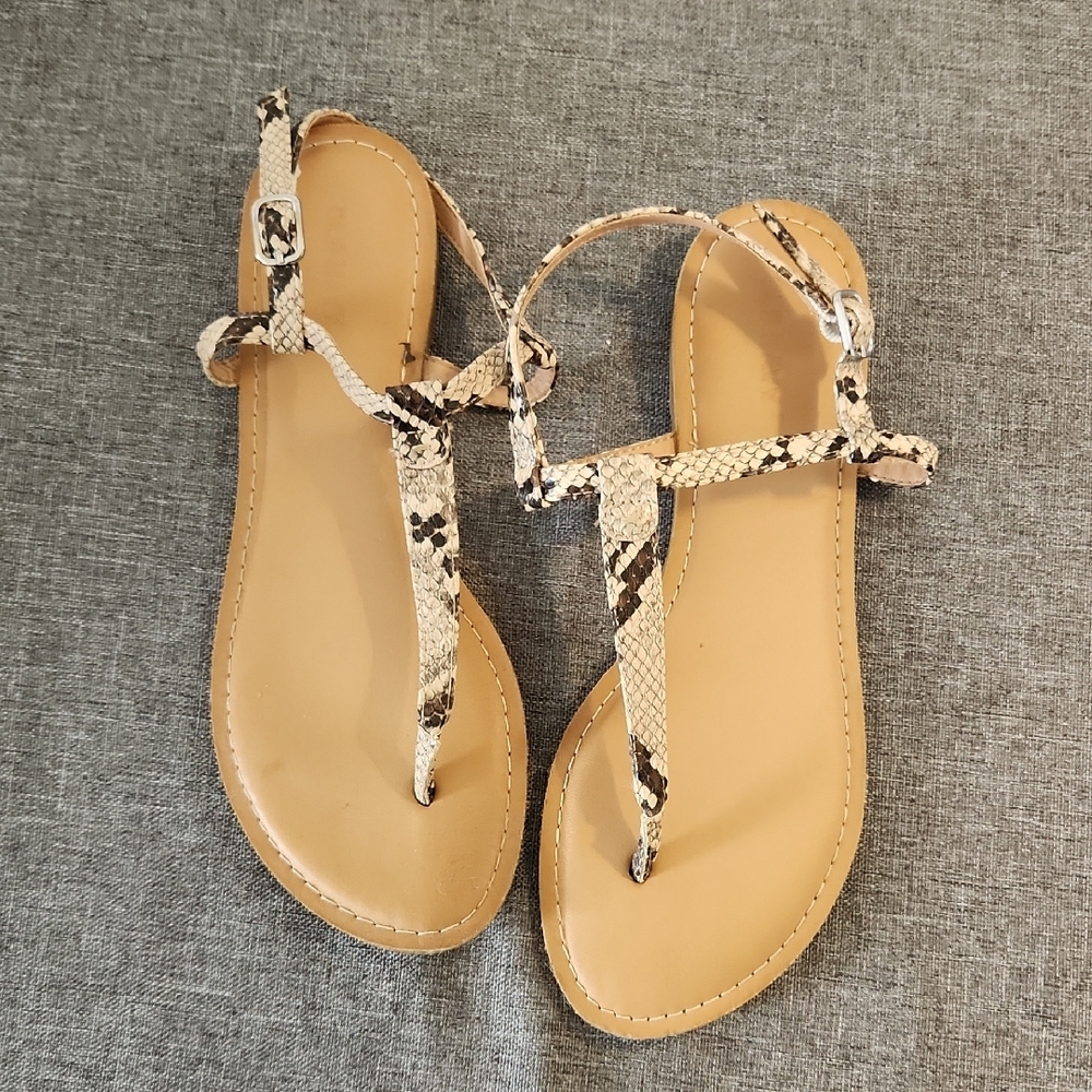 Old Navy Cream and Brown Snakeskin Sandals with Decorative Straps